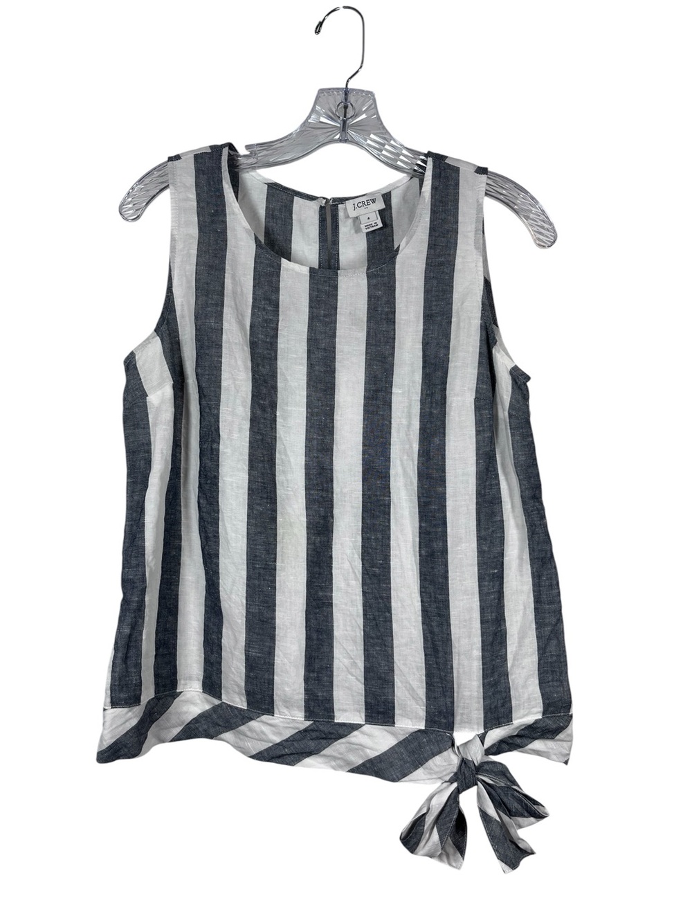 J CREW Sz 4 Top Linen Gray White Stripe Side Tie Shirt Sleeveless Lagenlook